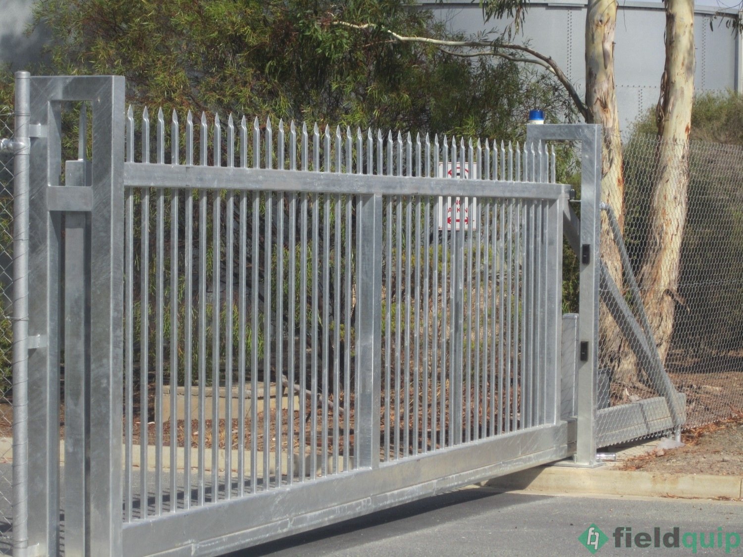 Galvanised Cantilever Security Gate with pressed spear top. Fieldquip
