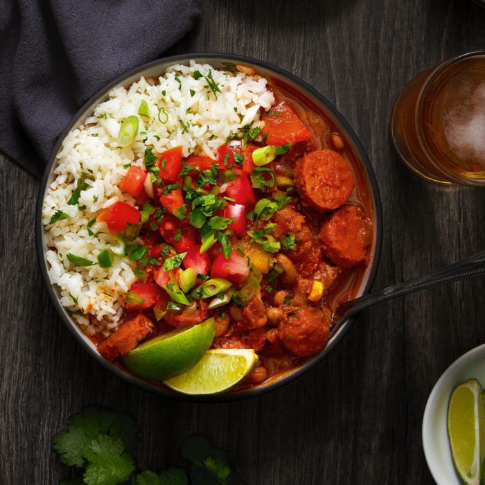 Bold Stewed Beans and Sausage with Cilantro Rice and Green Onion