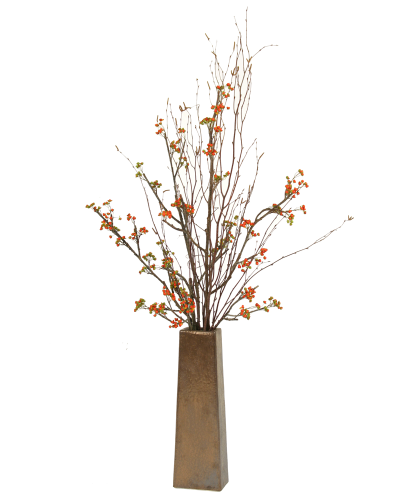 Silk Bittersweet Branches in Tall Tapering Square Copper Finish Vase Free Shipping in USA