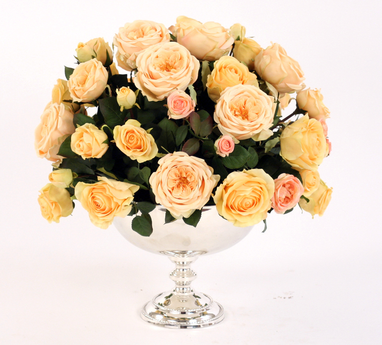 Silk Yellow Roses in Shiny Silver Compote Free Shipping in USA