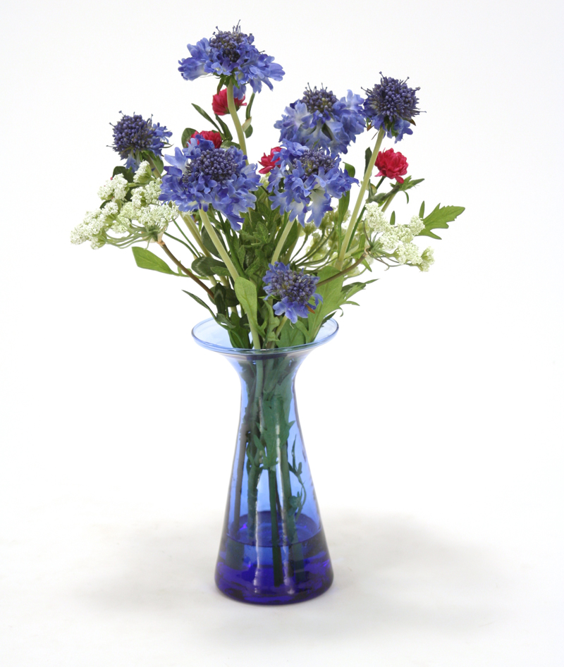 Waterlook ® Silk Blue Cornflower, Queen Anne's Lace and Clover in an Azure Blue Glass Vase