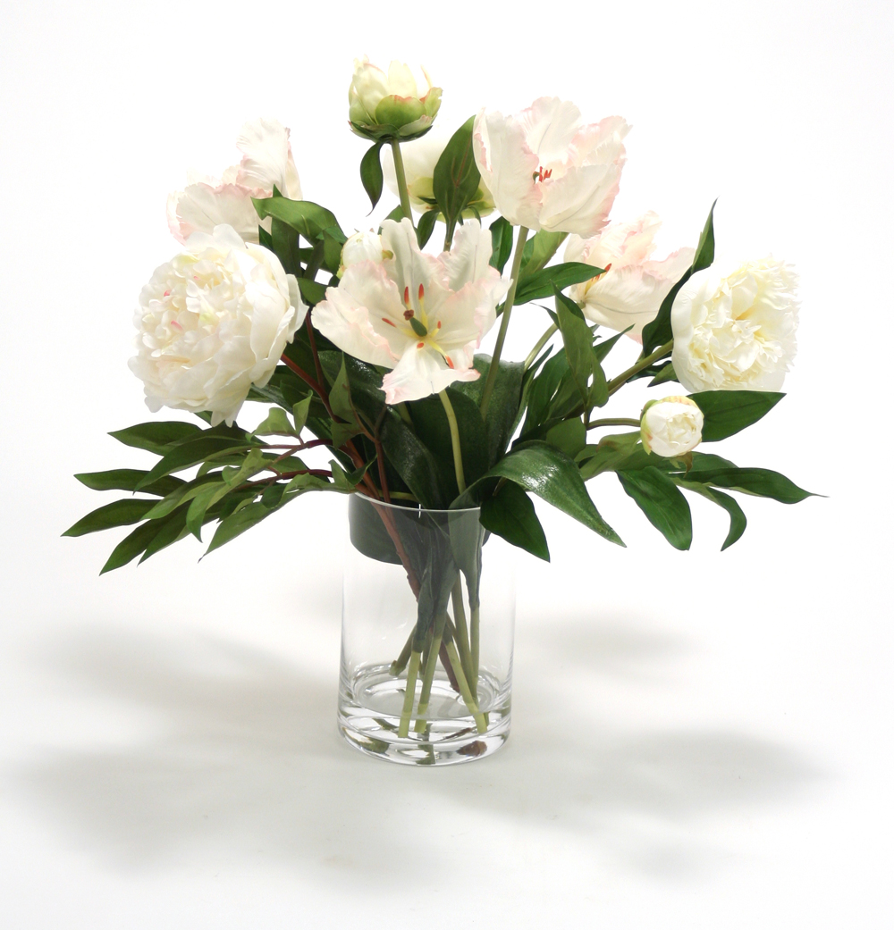 Waterlook ® Silk White Peonies and Parrot Tulips in a Tall Glass