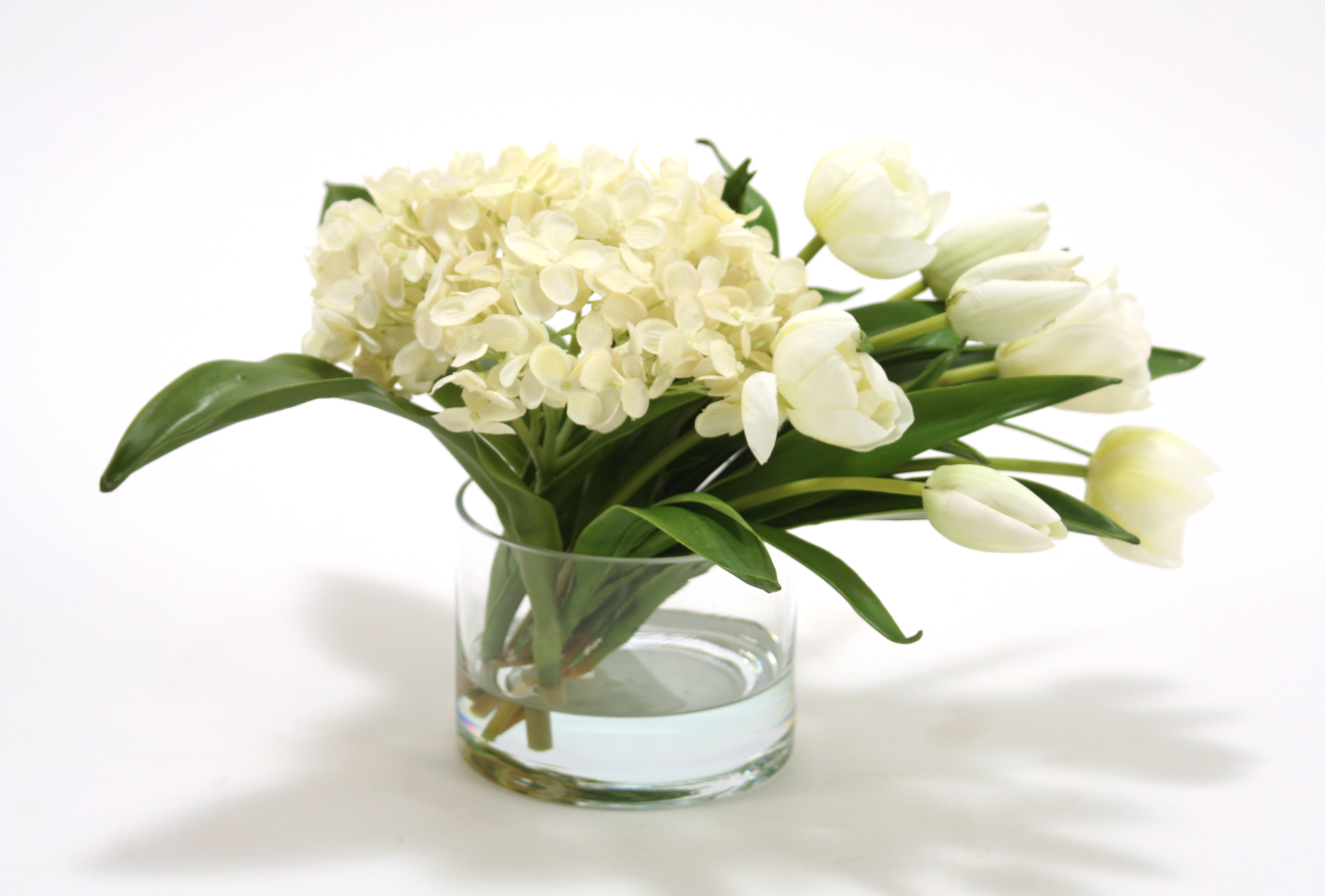 Waterlook ® Silk White Hydrangeas with White Stage Tulips in a Glass Cylinder Free Shipping in