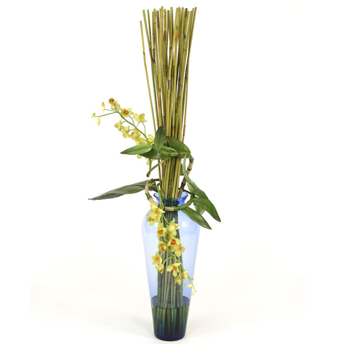 Orchid and Leaf Enthined Reed Bundle in Tall Azure Blue Vase Free