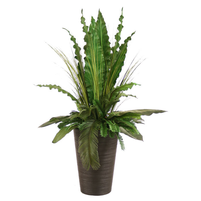 Silk Tropical Leaves with Grass and Palms in Rattan Floor Planter