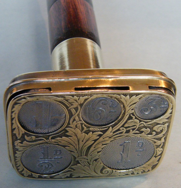 910. Rare Bamboo Walking Stick Brass Coin Holder 19th Ct Ladies