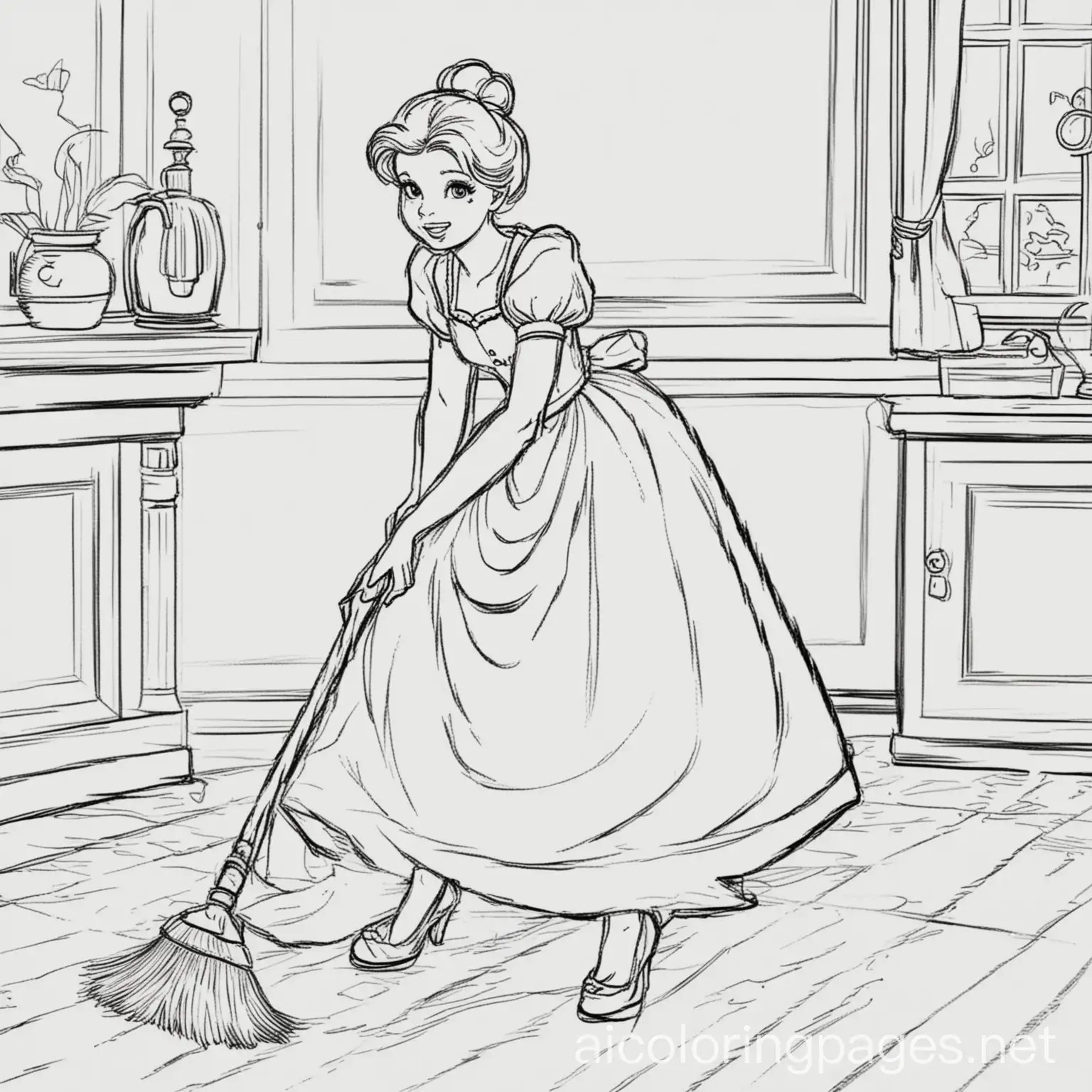 Childrens Coloring Page Simple Line Art of Cinderella on White