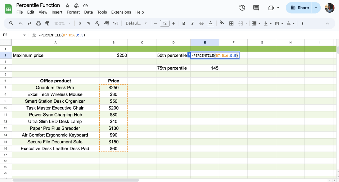 How to use the percentile function in Google Sheets (stepbystep