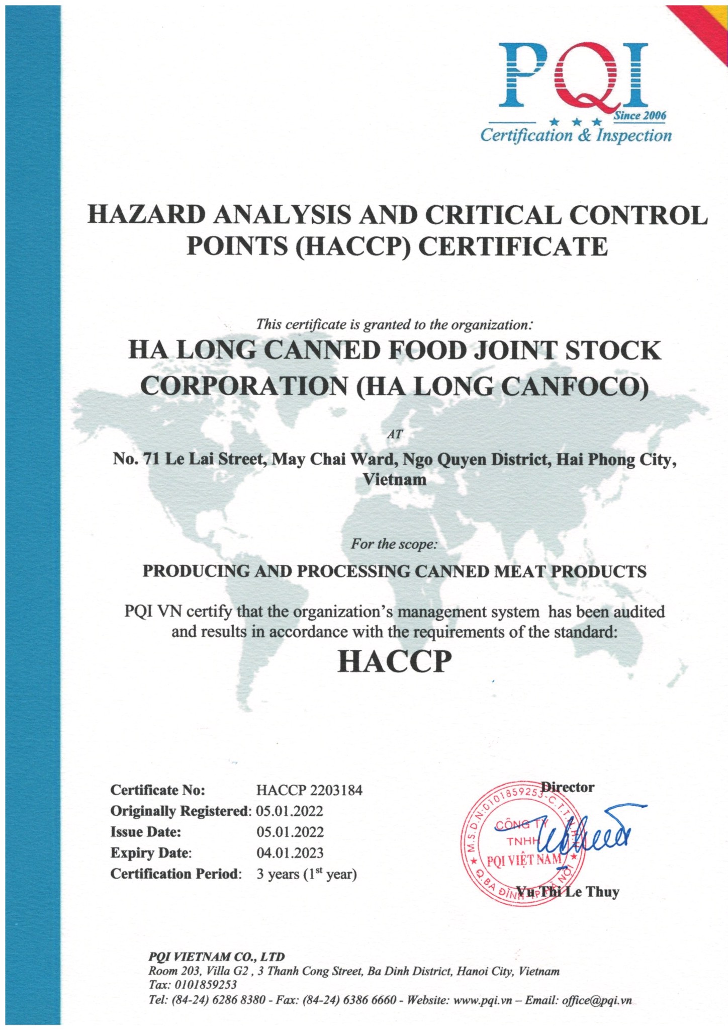 Certificate of HACCP Halong Canned Food Joint Stock Corporation