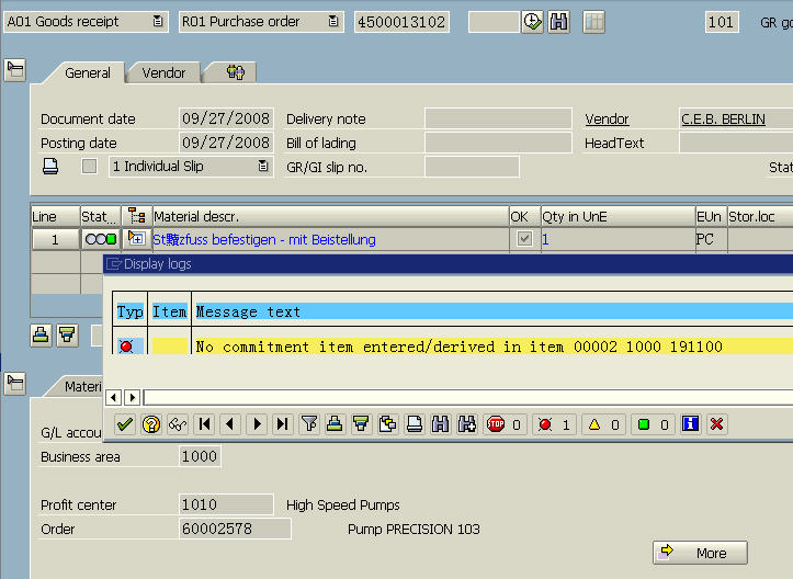 No commitment item entered/derived in item 00002 1000 191100 SAP R/3