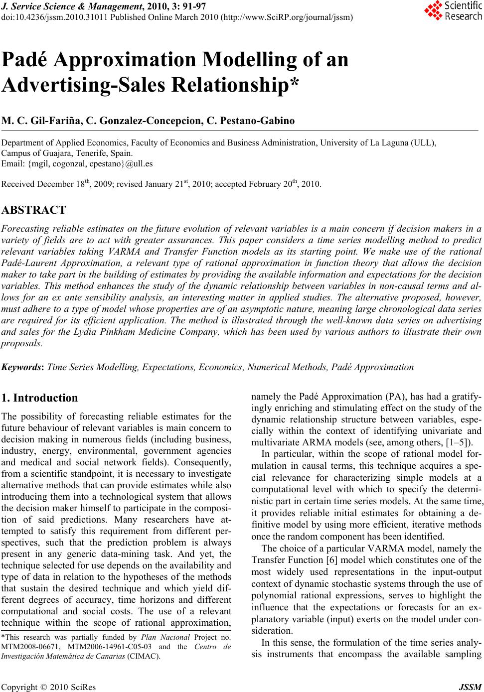 Padé Approximation Modelling of an AdvertisingSales