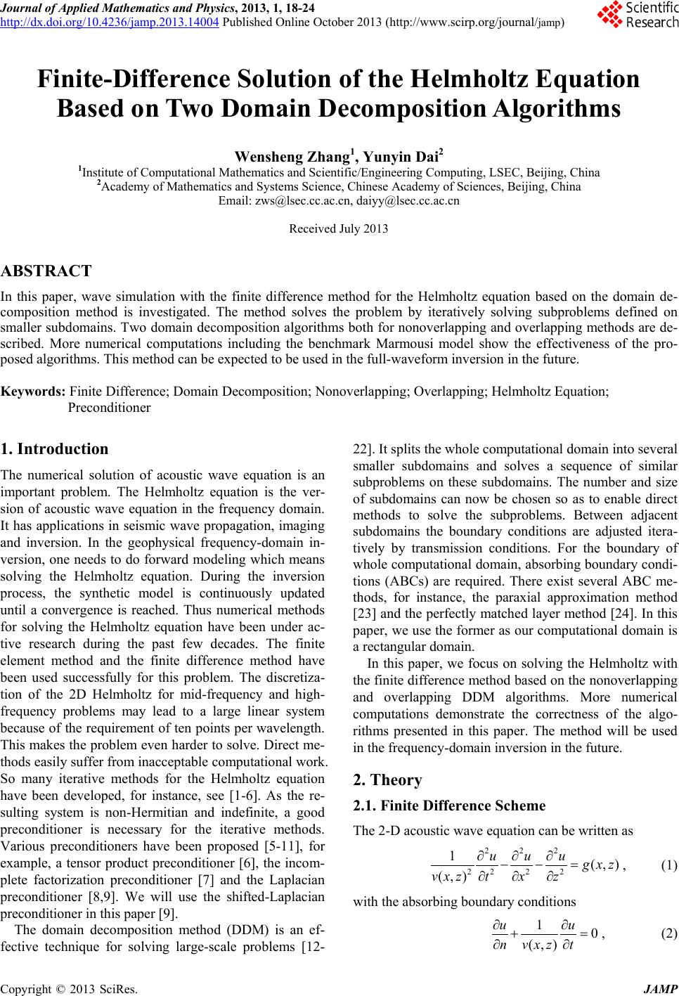 FiniteDifference Solution of the Helmholtz Equation Based on Two