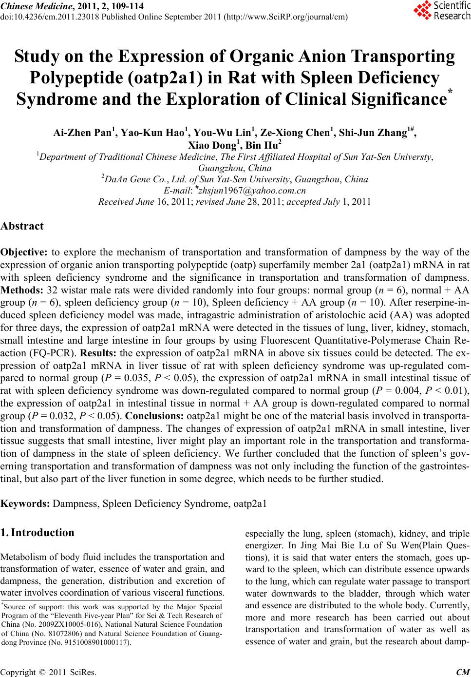 Study on the Expression of Organic Anion Transporting