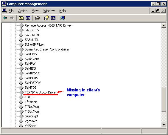 IP Network Address Translator and TCP/IP Protocol Driver are missing