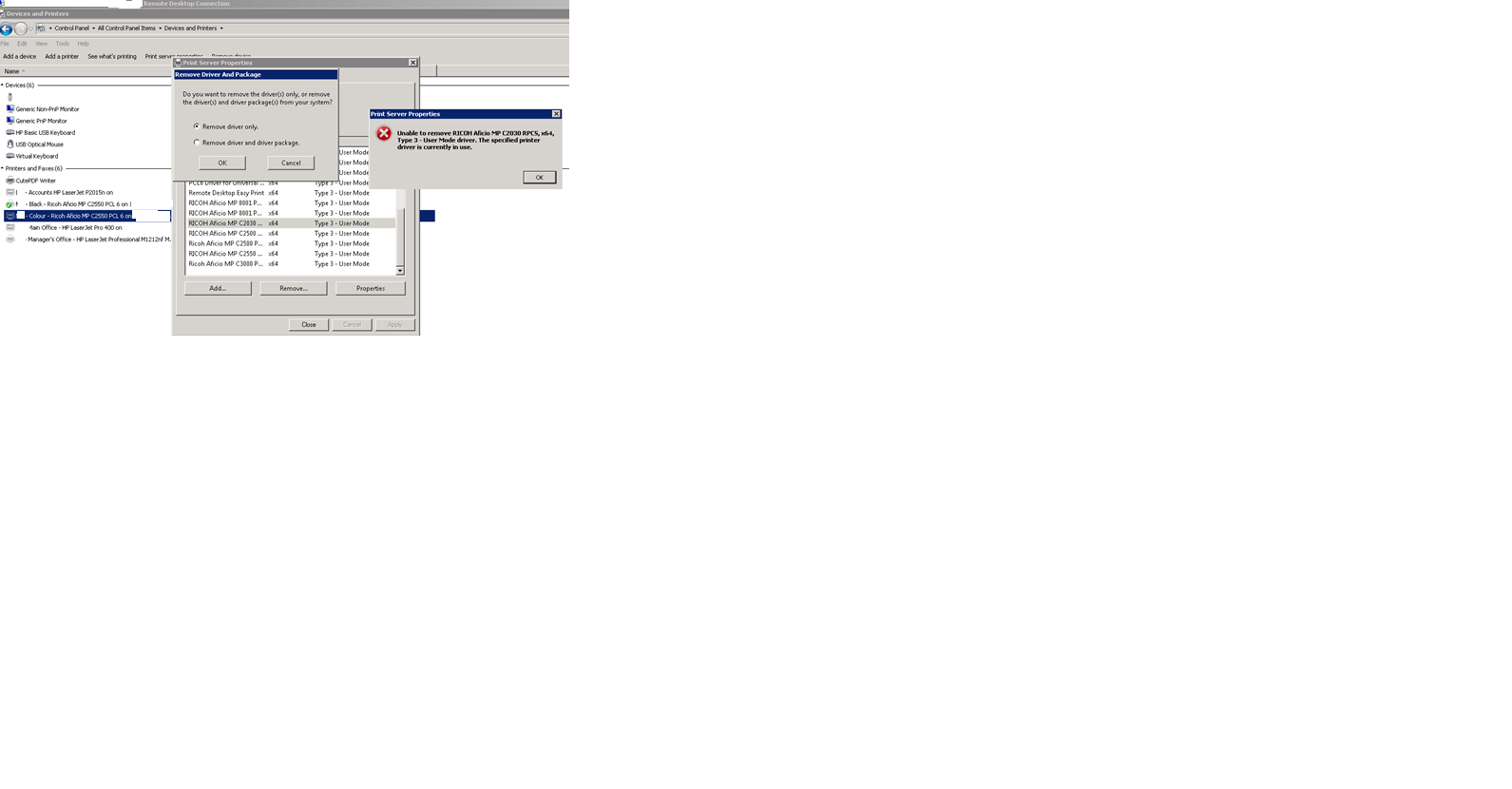 Solved 2008 R2 Terminal Server Removing Print Driver (Ricoh Aficio MP