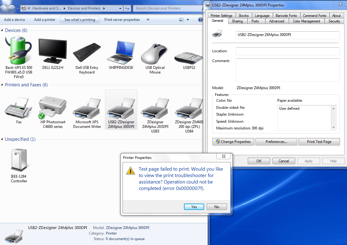 Solved Windows 7, Printer Test Page, "Test page failed to print