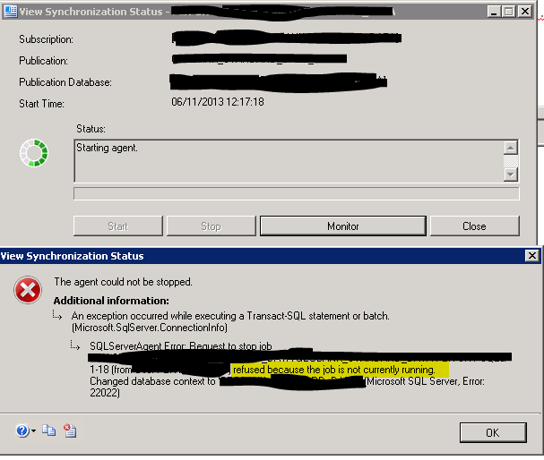 Solved Cannot stop (or start?) synchronization agent Experts Exchange