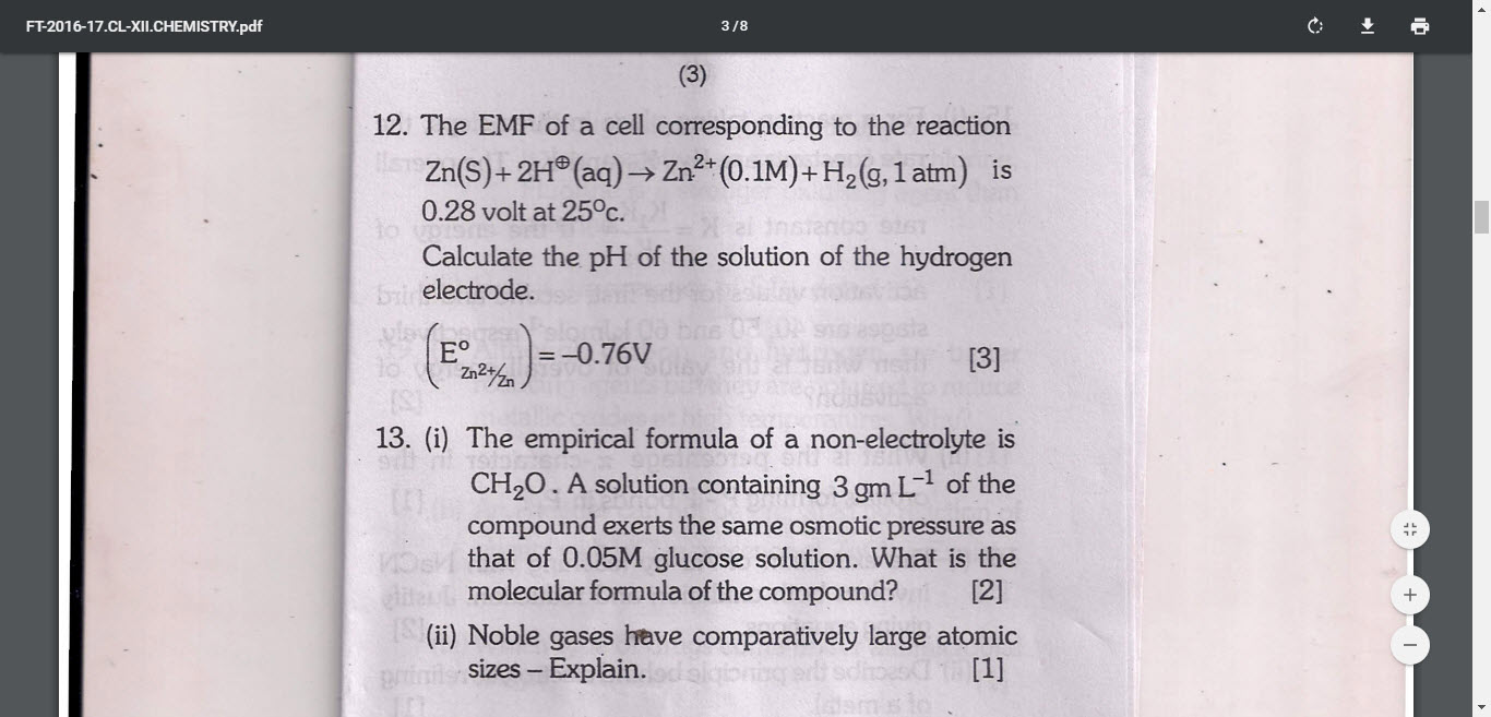 The EMF of a cell corresponding to the reaction Zn(S) + 2H(aq) Zn2