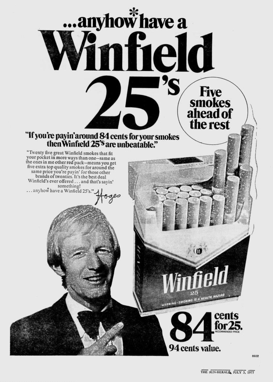 Paul Hogan for Winfield 25 cigarettes, The Sydney Morning Herald