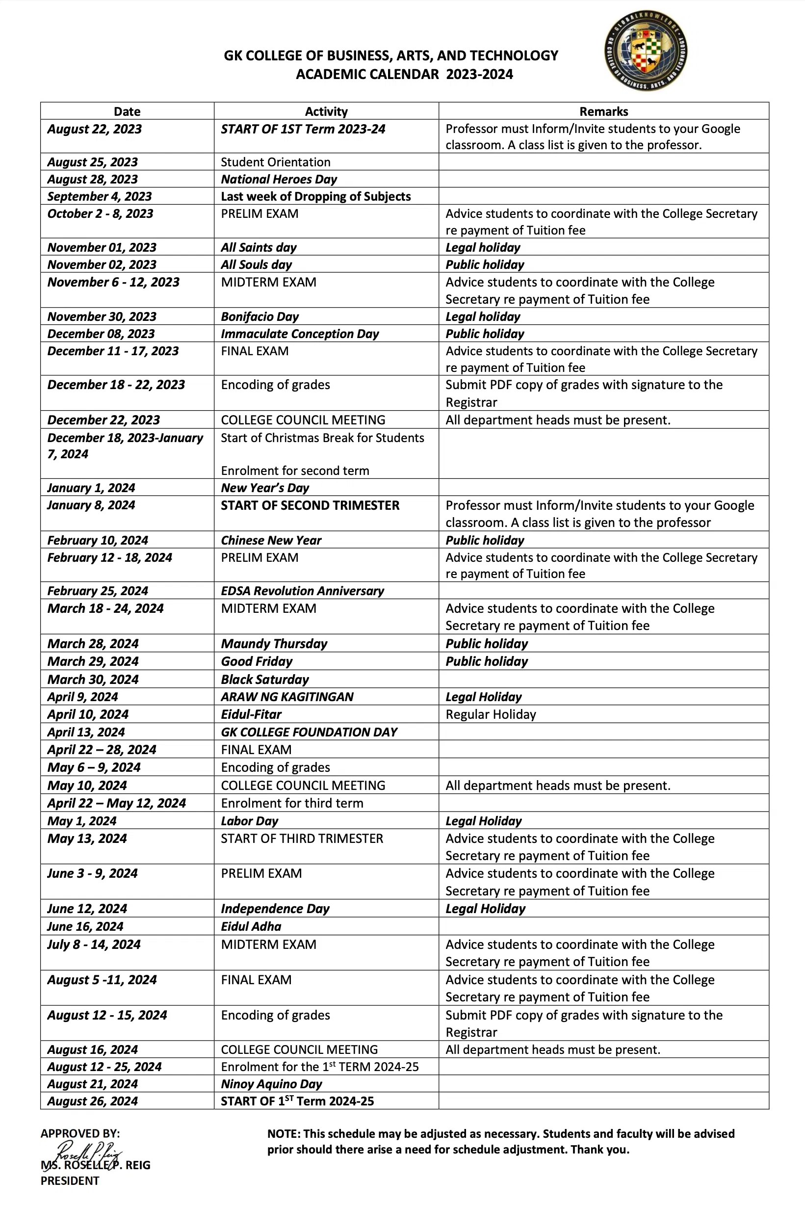 SCHOOL CALENDAR SY 20252026 GK College