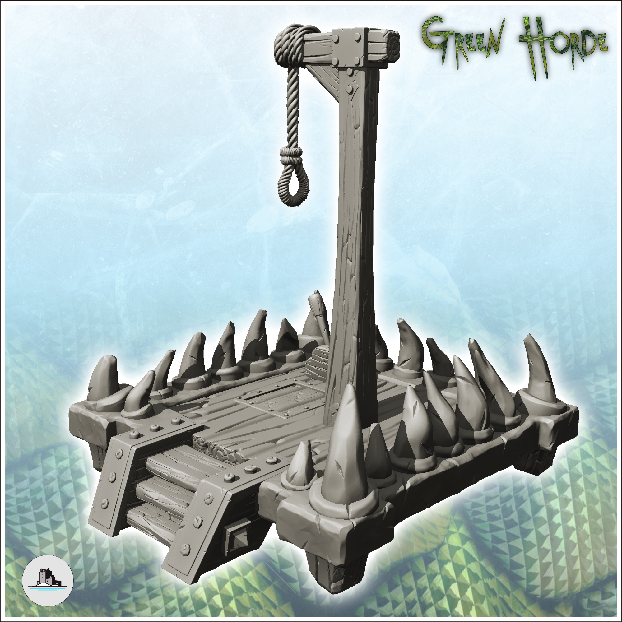 STL file Chaos gallows with horns and wooden platform (11) Ork Green