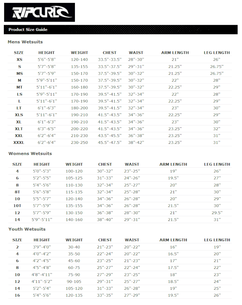 West Coast Surf Shop Size Charts