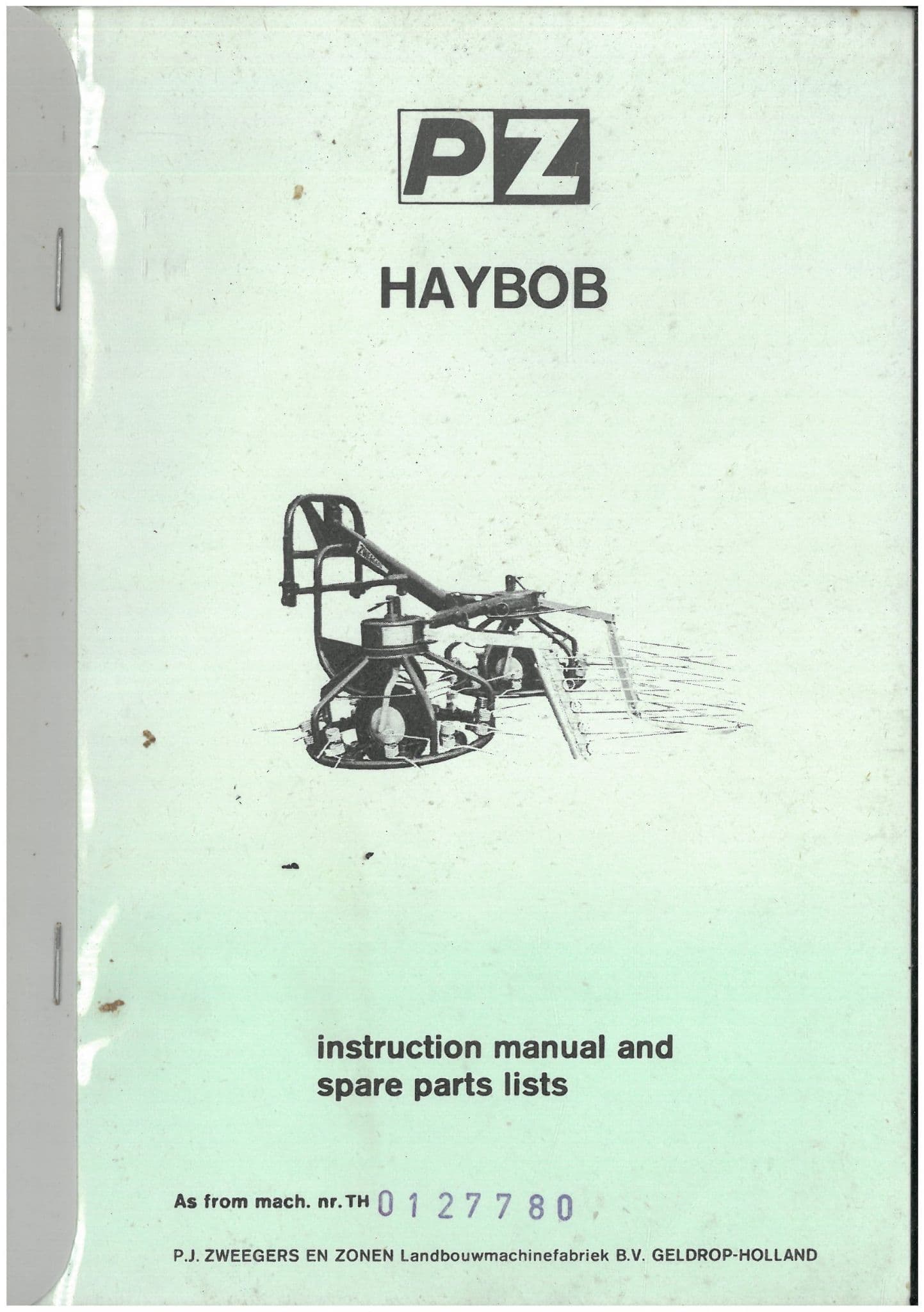 PZ Zweegers Haybob Operators Manual with Parts List - ORIGINAL MANUAL
