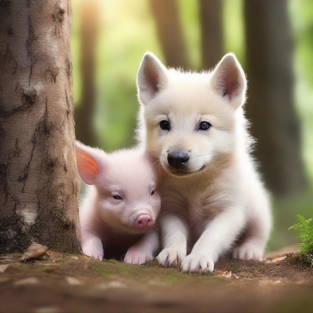 Unlikely Friendship A Heartwarming Scene of a Baby Wolf and a Baby Pig