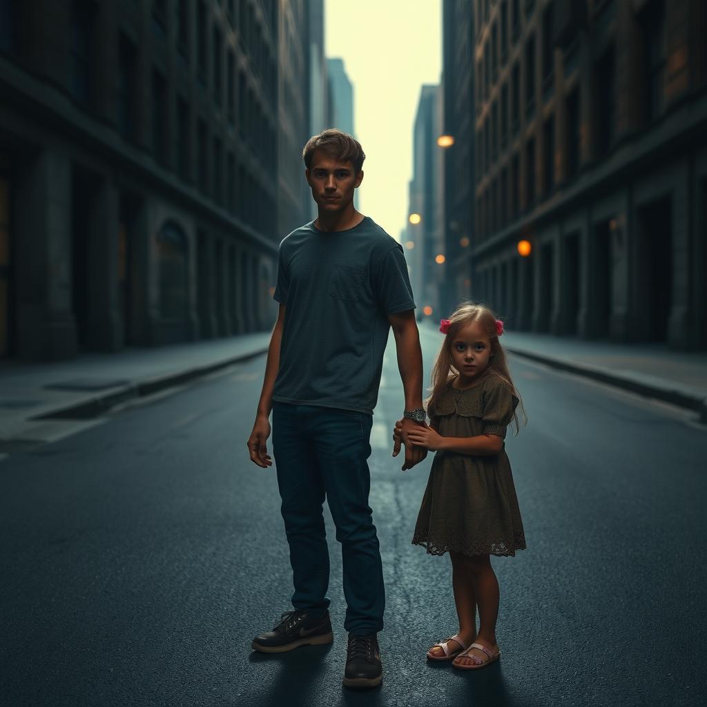 Courageous Young Man Protects Scared Girl in Dimly Lit Street Idyllic