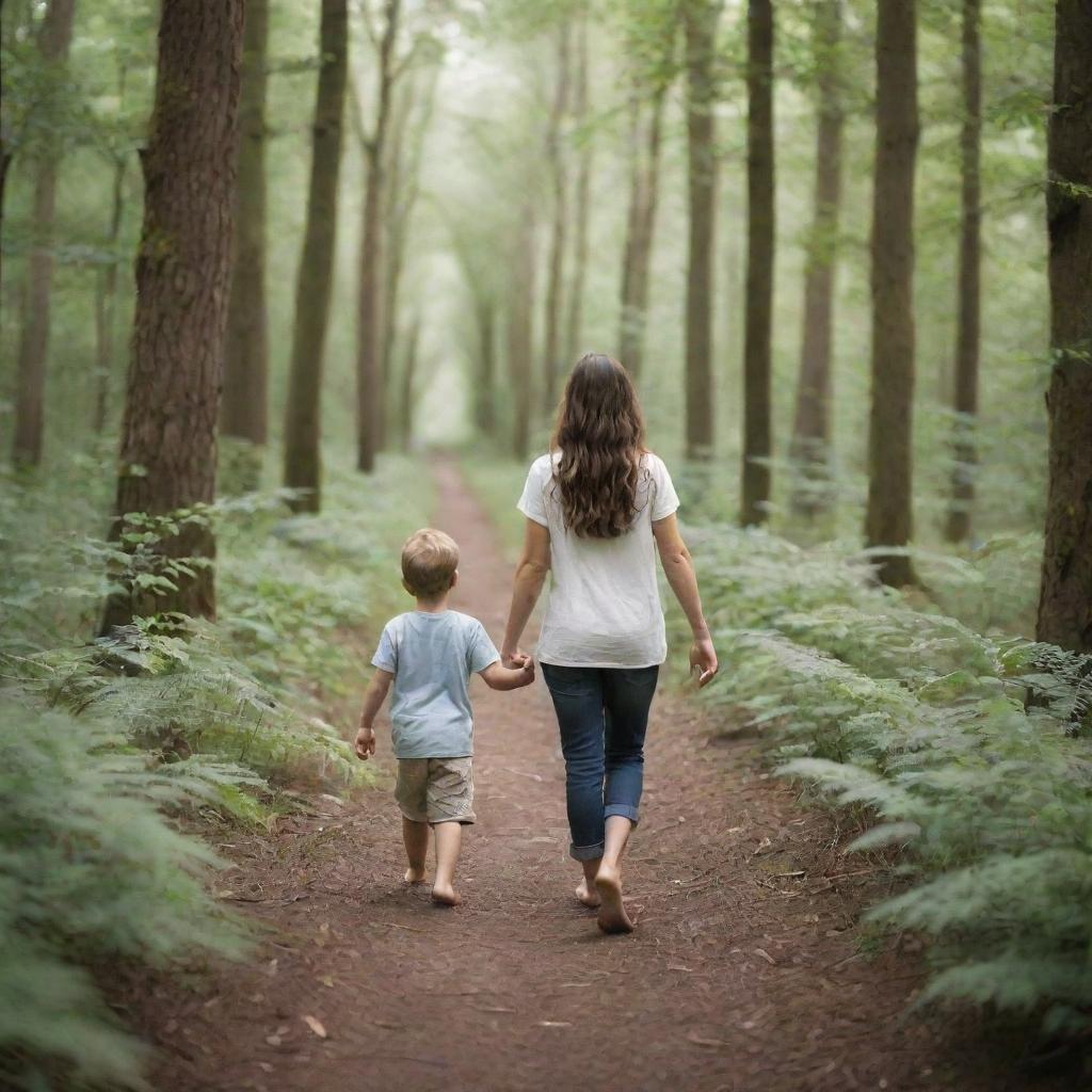 A Heartwarming Moment Mother and Son Journey Through a Lush Forest
