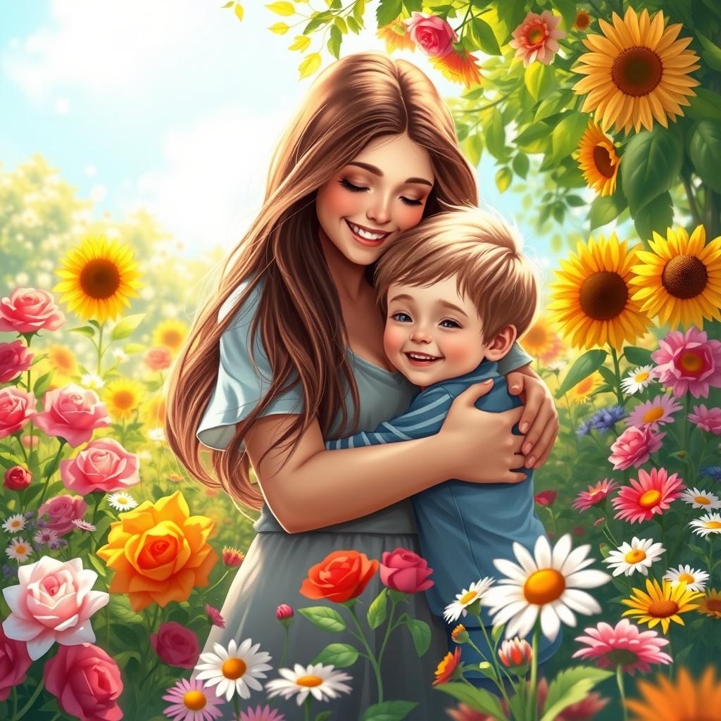 A Heartwarming Moment Mother And Son In A Flower Garden