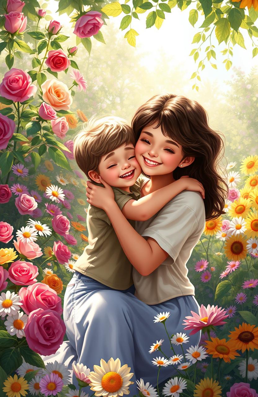 Heartwarming Moments Mother And Son In A Flower Garden