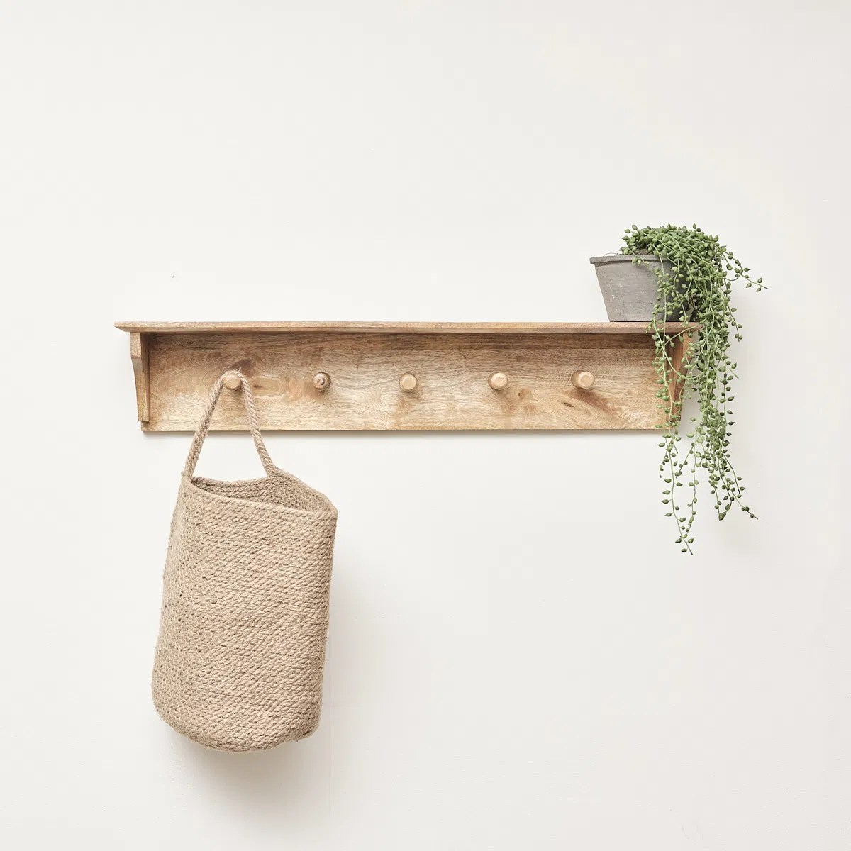 Mango Wood Wall Shelf with Hooks Melody Maison