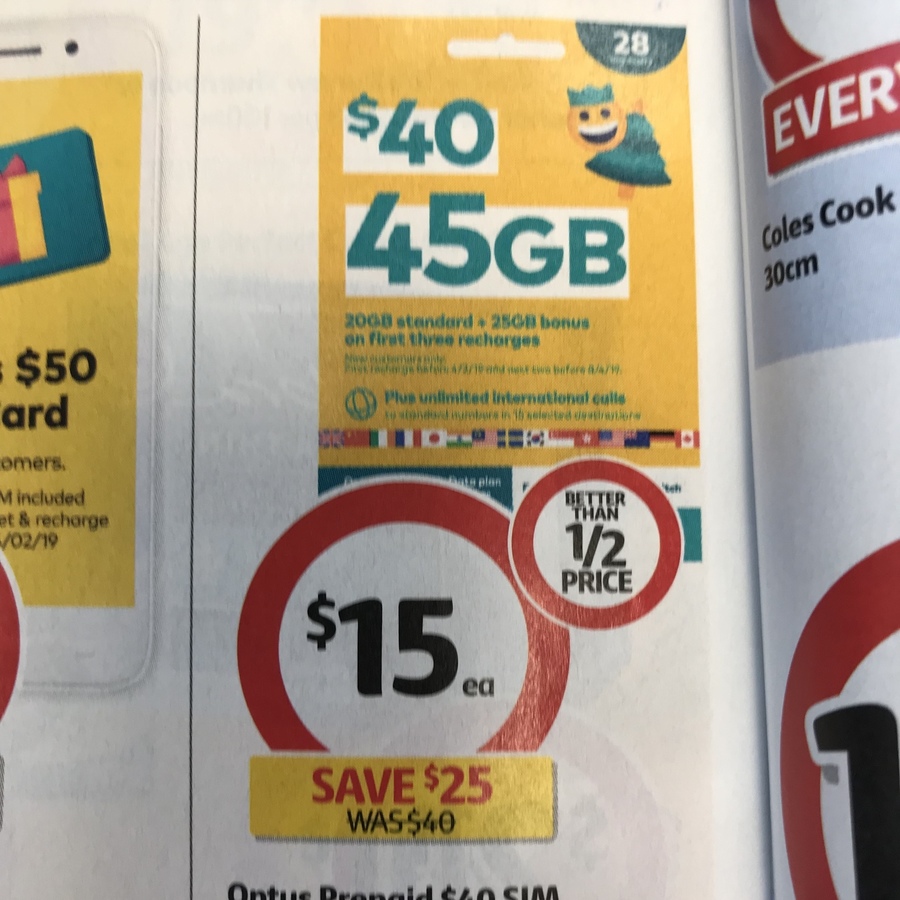 Optus Prepaid 40 Sim (20GB Standard + Bonus 25GB on First 3 Recharges) for 15 Coles OzBargain