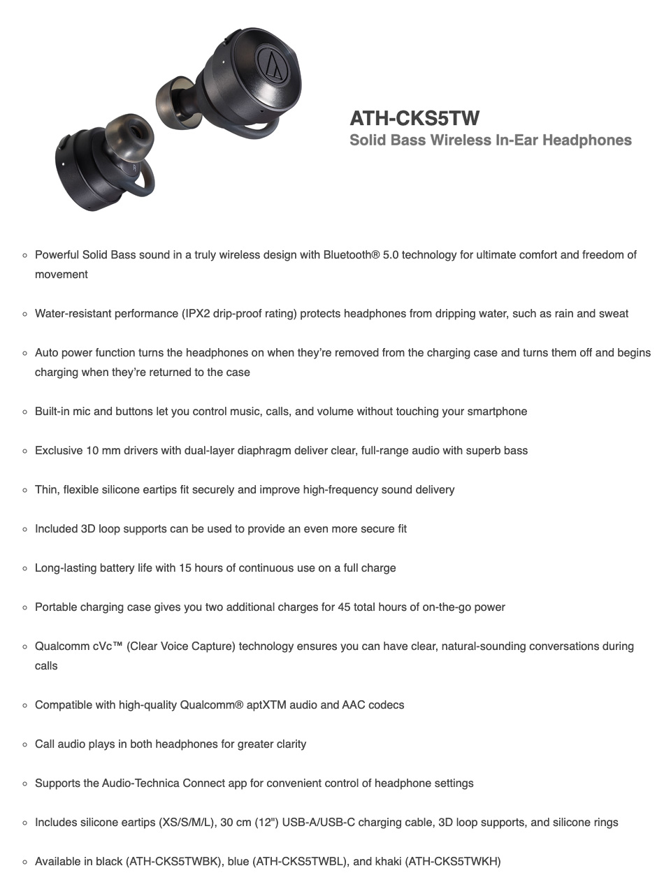 Buy AudioTechnica ATHCKS5TW Solid Bass Wireless In Ear Headphones