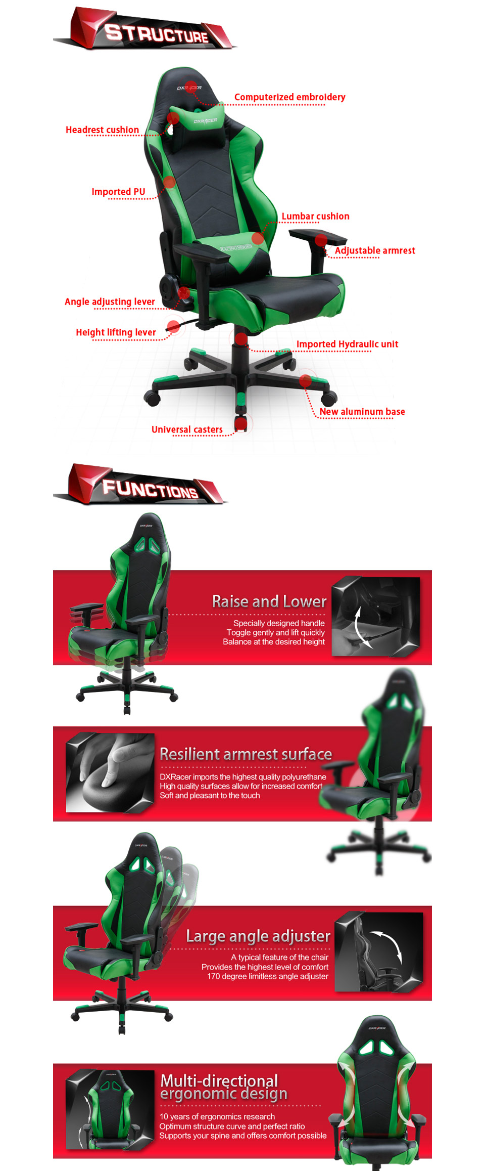 Buy DXRacer R Series PC Office/Gaming Chair Black & Green [DXRRF0GN] PC Case Gear Australia