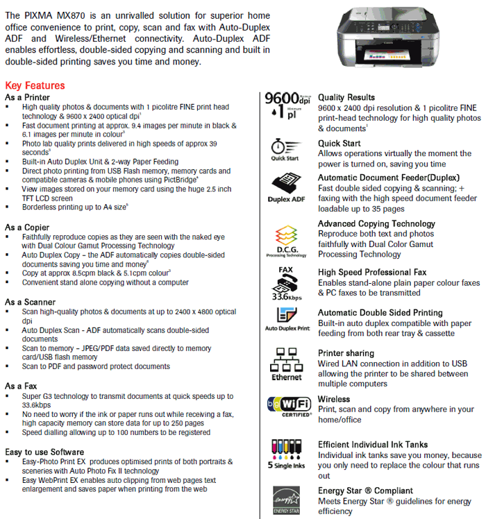 Buy Canon PIXMA MX870 Wireless Office All-In-One Printer [CAN-MX870