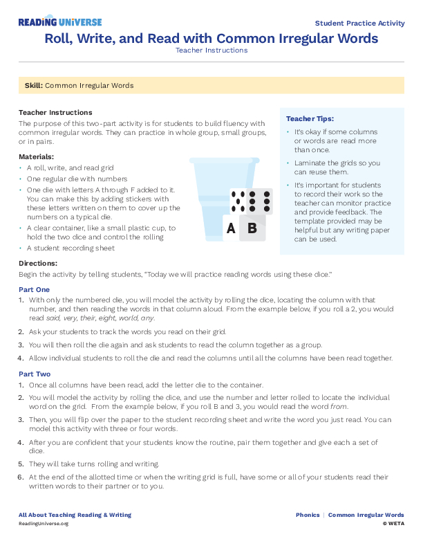 Reading Universe Roll, Write, and Read with Common Irregular Words