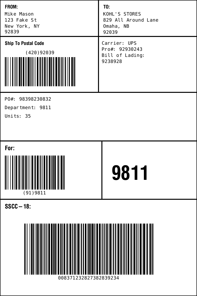 Kohl's Pack by Store UCC128 Label Requirements