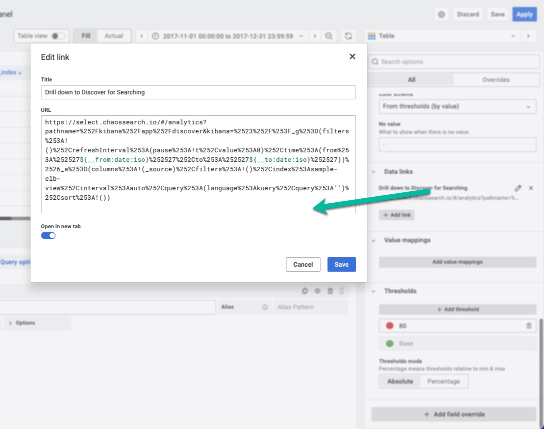 Create Grafana Data Links to DrillDown to ChaosSearch