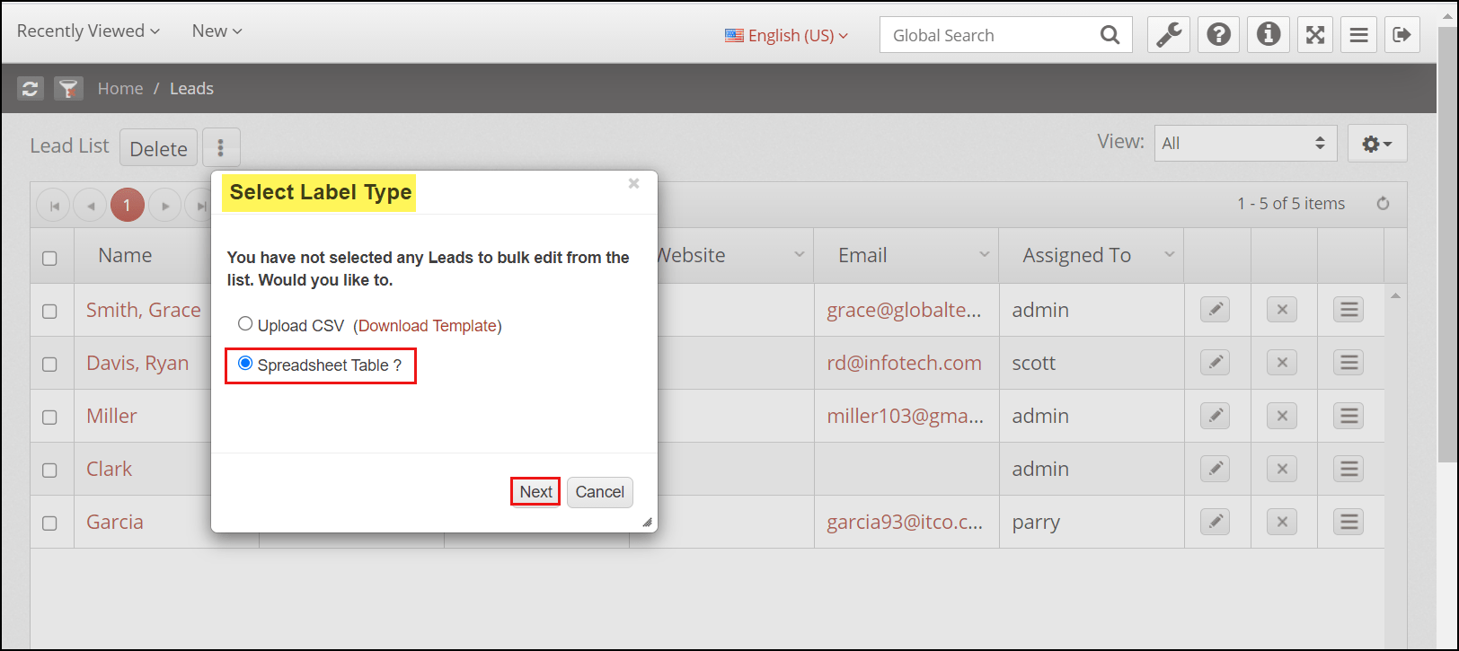 Bulk Edit Leads List View