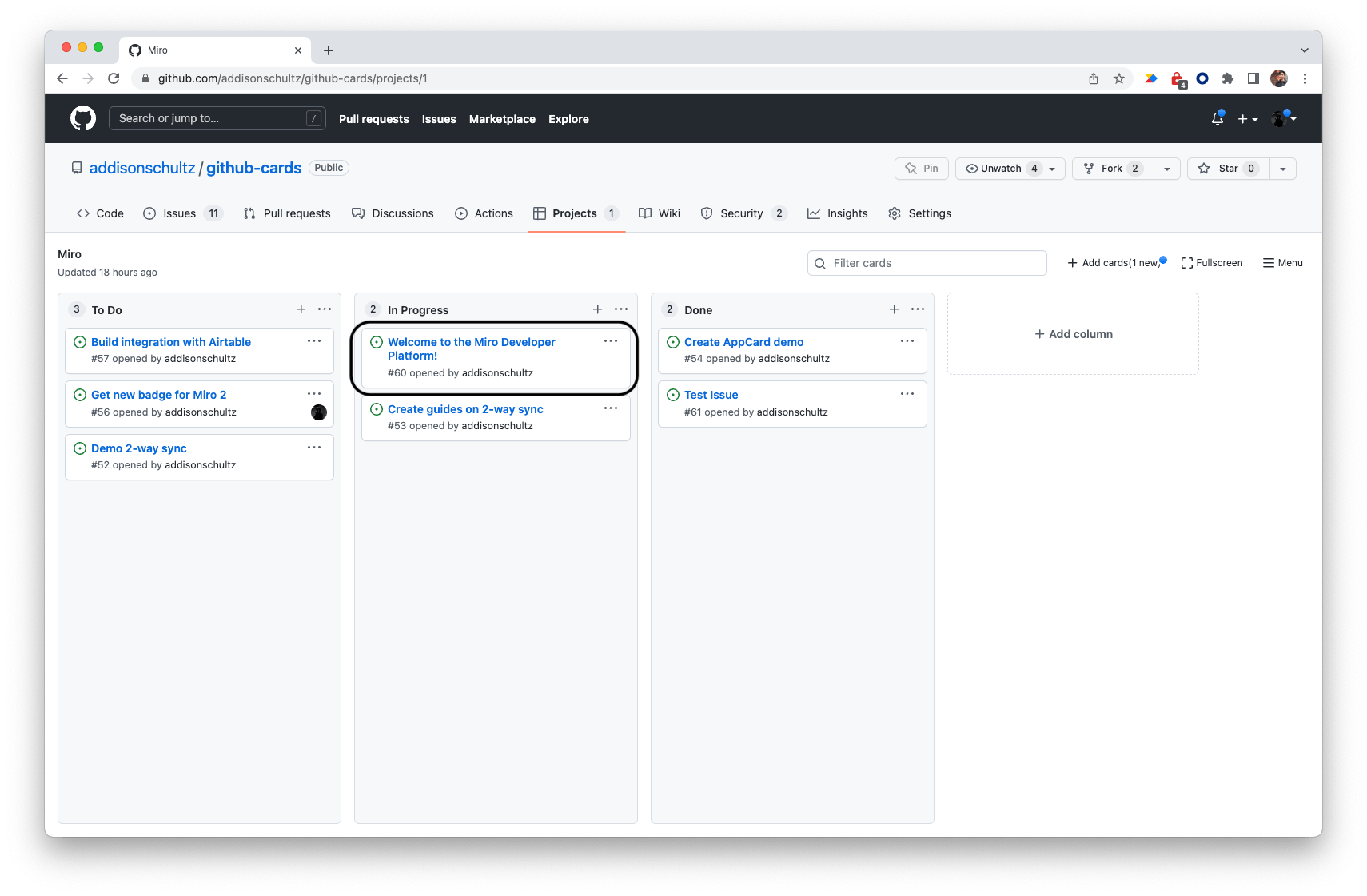 Enable 2way sync between app cards and GitHub cards
