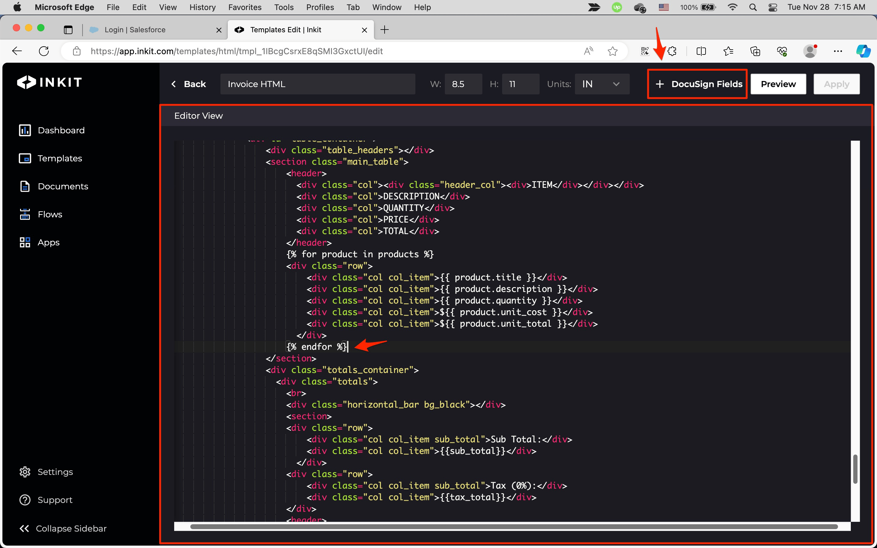 Embedding DocuSign fields into an HTML template