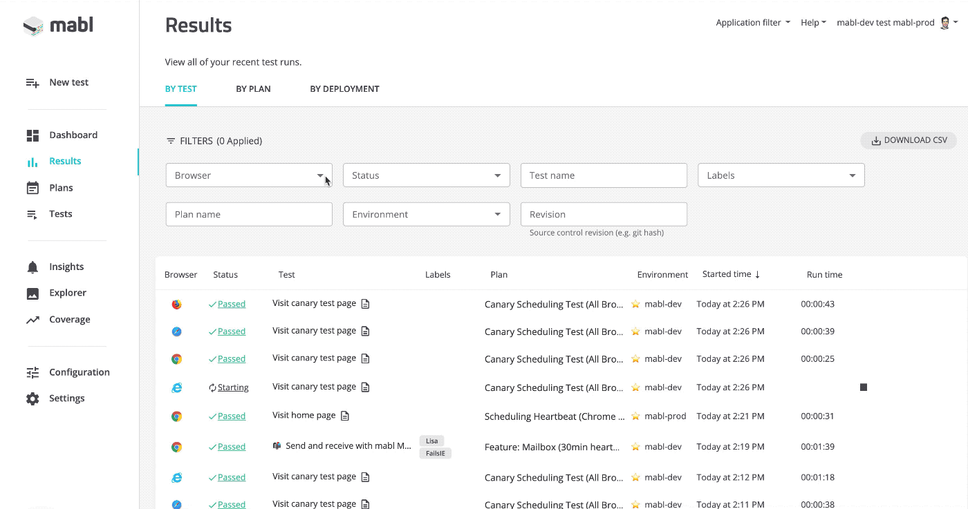 Filters on results screens