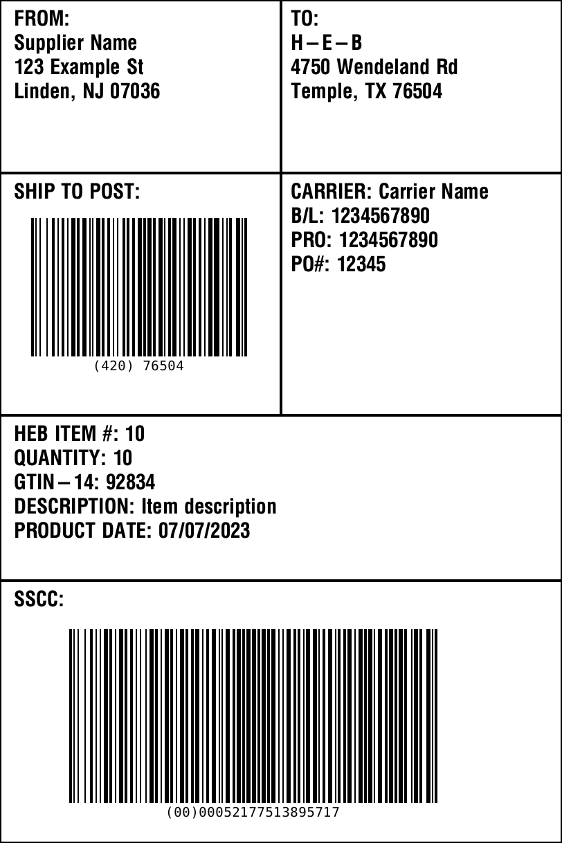 HEB Standard UCC128 Label Requirements