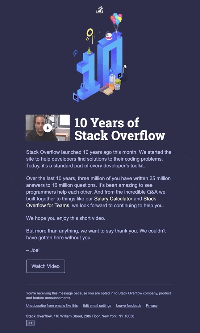 10 Years of Stack Overflow from Stack Overflow Desktop Email View