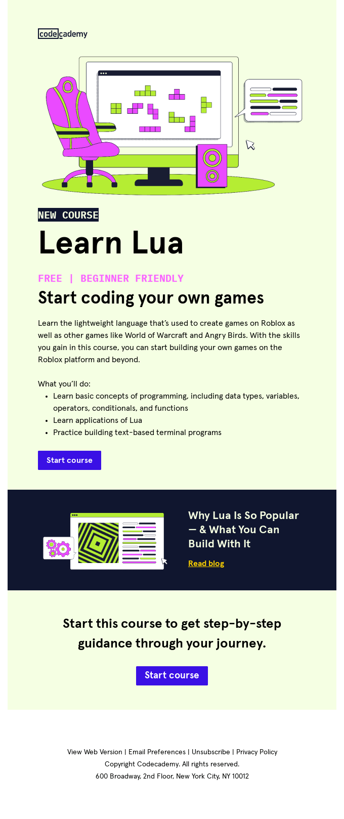 New course Learn Lua from Codeacademy Desktop Email View Really