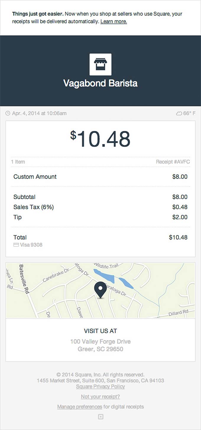 Receipt Email Design from Square from Square Desktop Email View