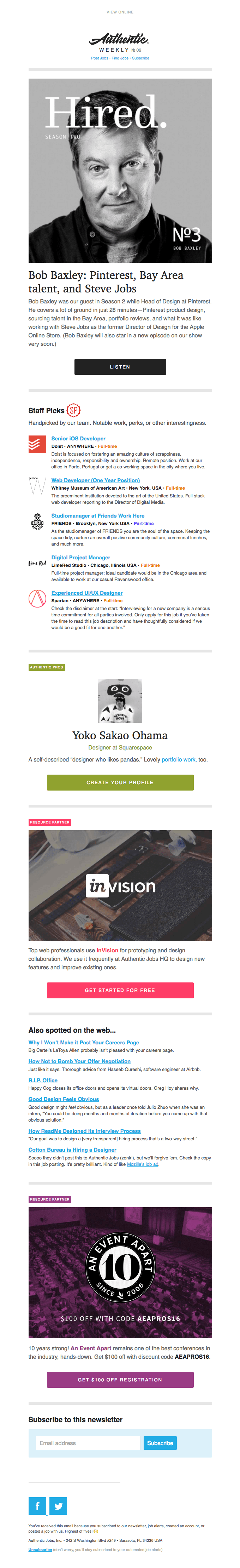 Weekly № 06 Bob Baxley Steve Jobs, Doist, An Event Apart from Authentic Jobs Desktop Email