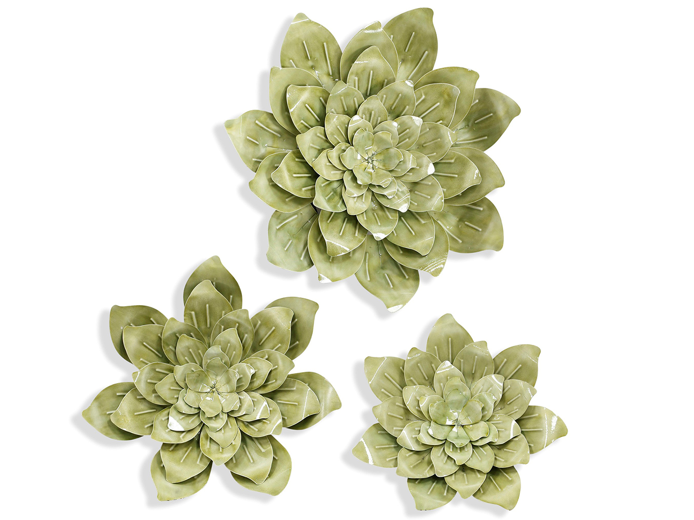Set of 3 Light Green Flowers Metal Wall Decor 12"16"22"Dia. Steinhafels